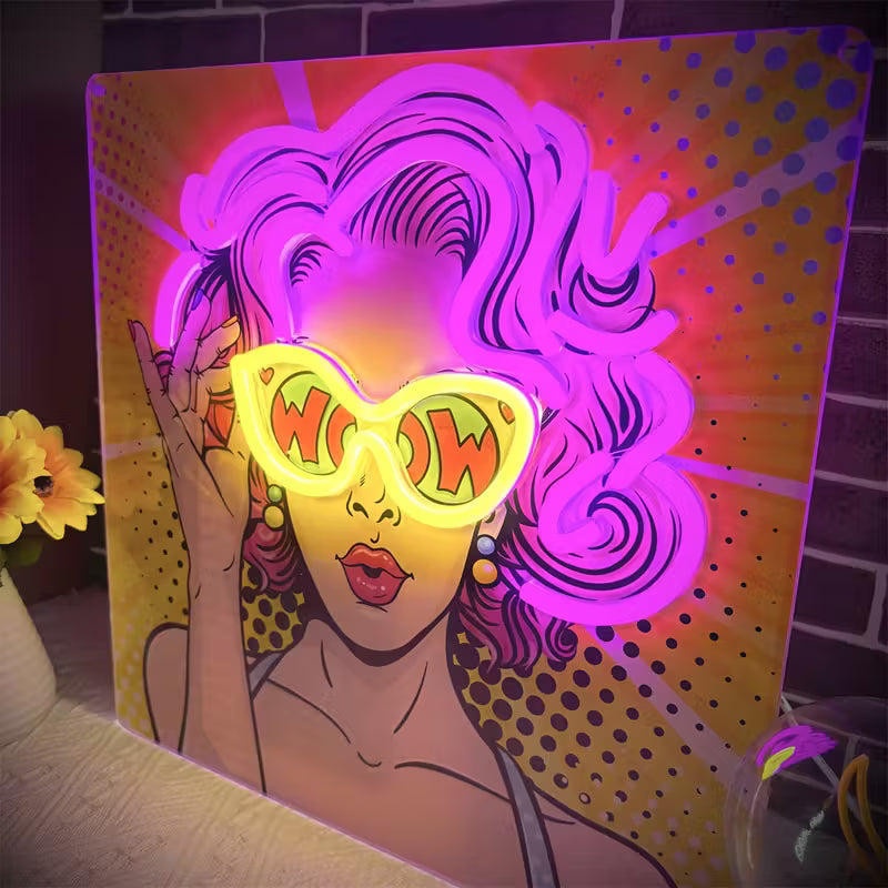 1pc Retro 80s Neon Sign - Glowing Pink & Purple Pop Art Wall Light with WOW Lips & Curly Hair Design - UV/LED Wall-Mounted Light for Bedroom, Bar,