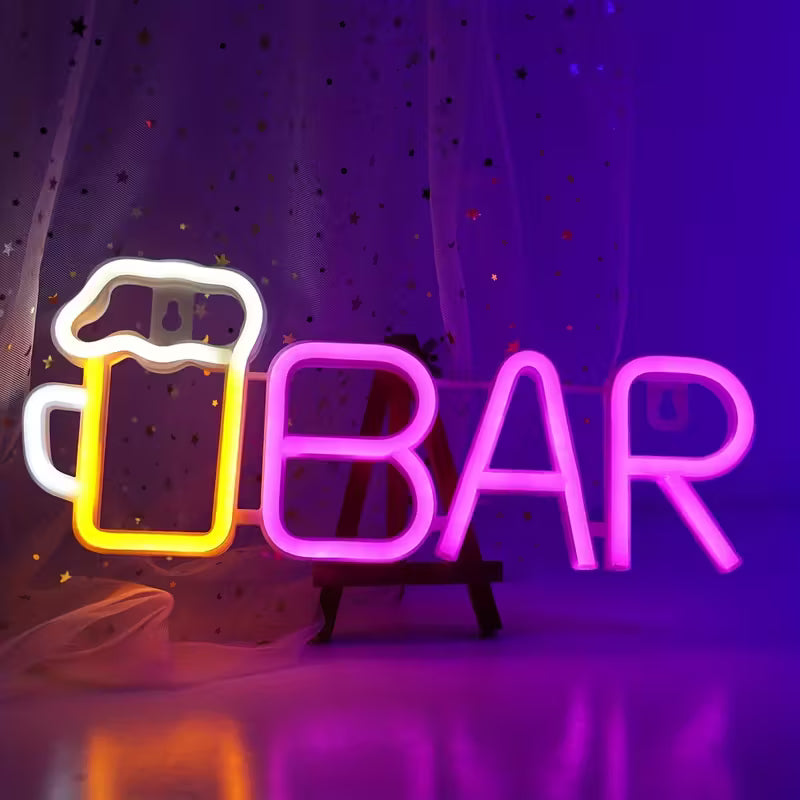 LED Neon "Bar" Sign with Beer Mug Design - 13.8x5.5in, USB or Battery Powered