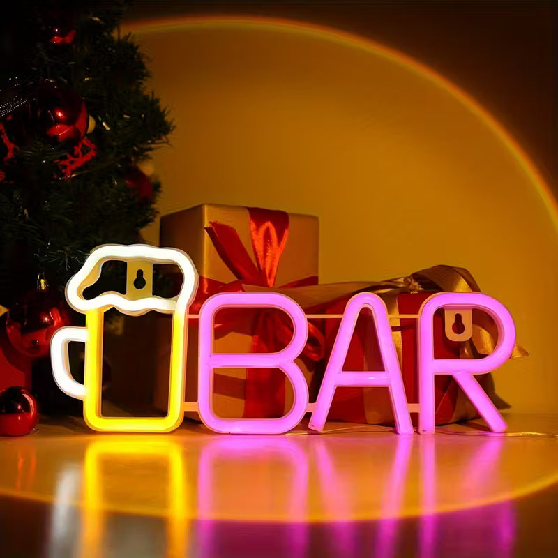 LED Neon "Bar" Sign with Beer Mug Design - 13.8x5.5in, USB or Battery Powered