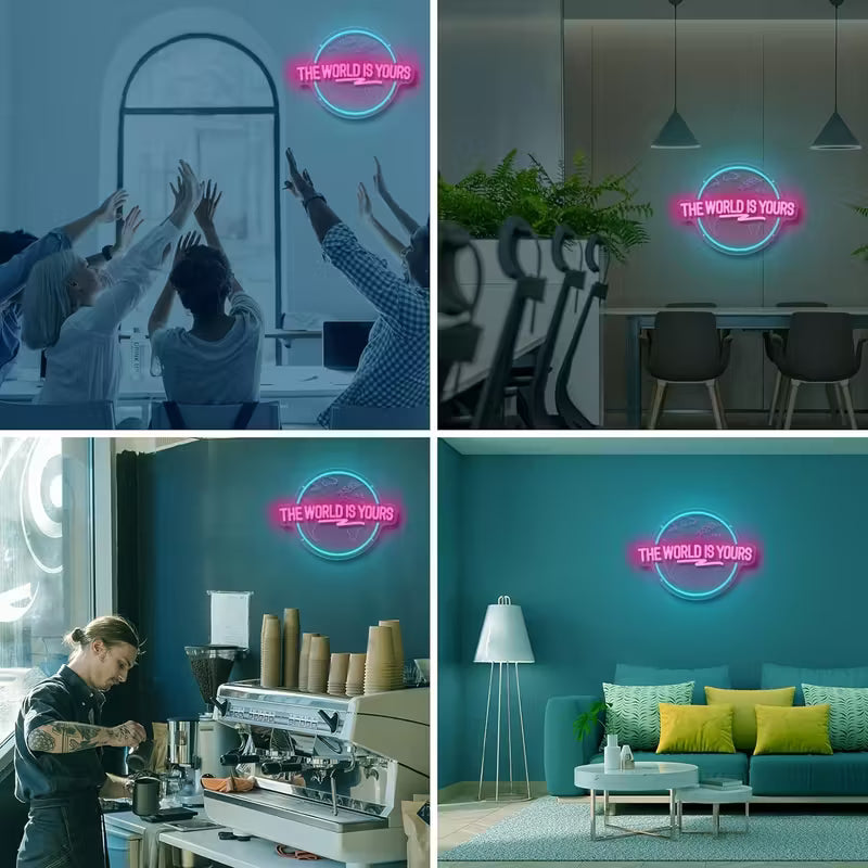 The World is Your Neon Decorative Sign, Engraved Planet The Word "World" Letter Lighting LED