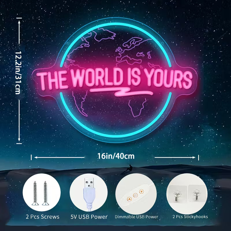 The World is Your Neon Decorative Sign, Engraved Planet The Word "World" Letter Lighting LED