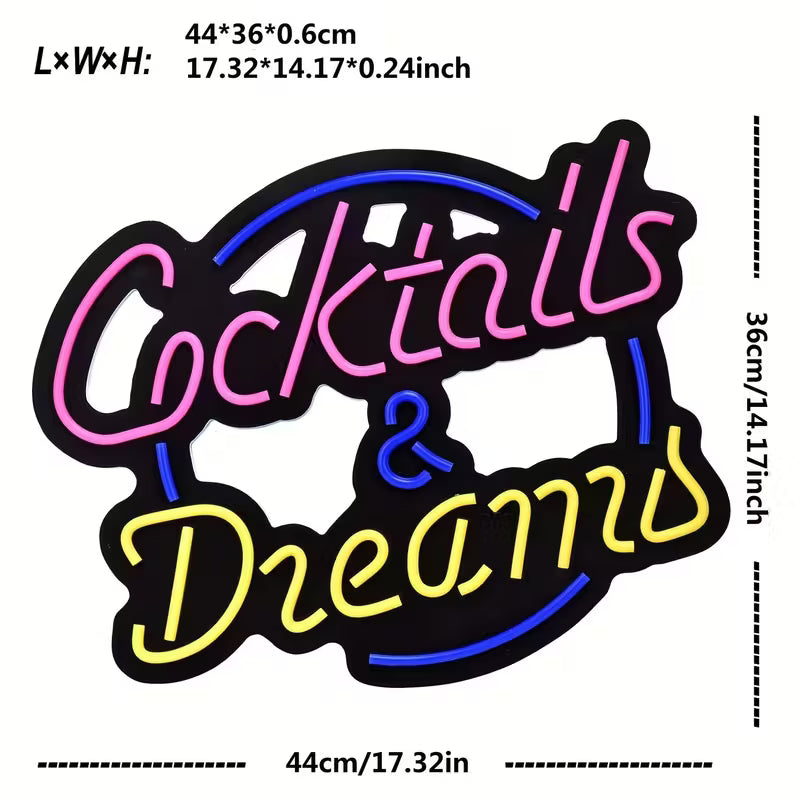 [1pc LED Neon Sign] 1pc LED Neon Sign Art, Cocktails & Dreams | Wall Lights for Bar, Hotel, Pub, Bedroom, Wedding, Birthday Party | 44*36cm