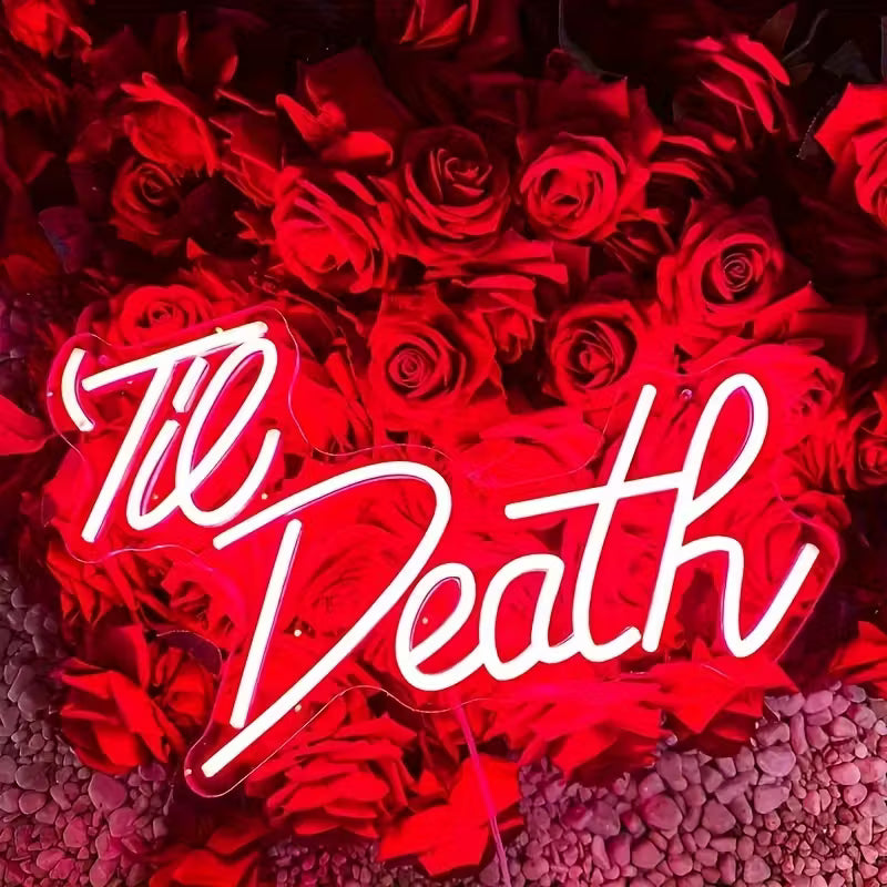 Til Death Neon Sign - USB-Powered Wall-Mounted LED Light with Red & White Text, Durable Vinyl Home Decor for Bedroom, Living Room