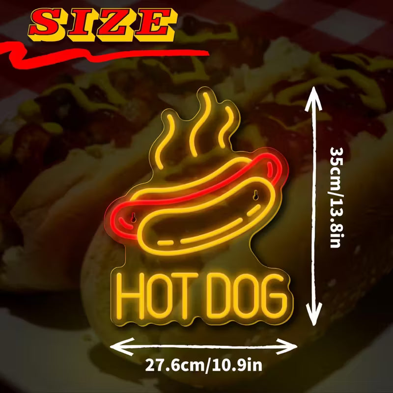Hot Dog Neon Sign - Dimmable LED Wall Decor with USB Power,