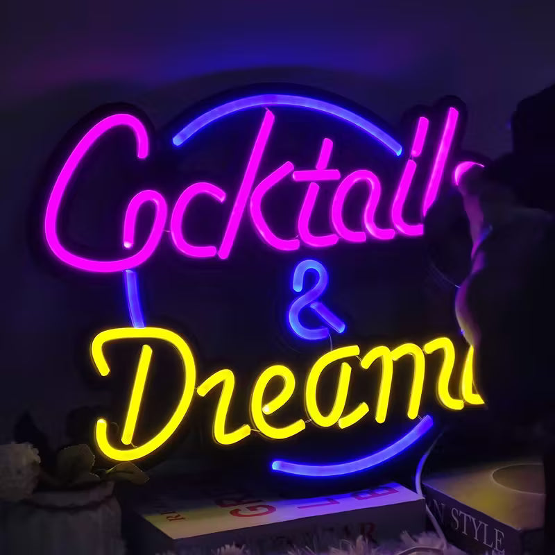 [1pc LED Neon Sign] 1pc LED Neon Sign Art, Cocktails & Dreams | Wall Lights for Bar, Hotel, Pub, Bedroom, Wedding, Birthday Party | 44*36cm