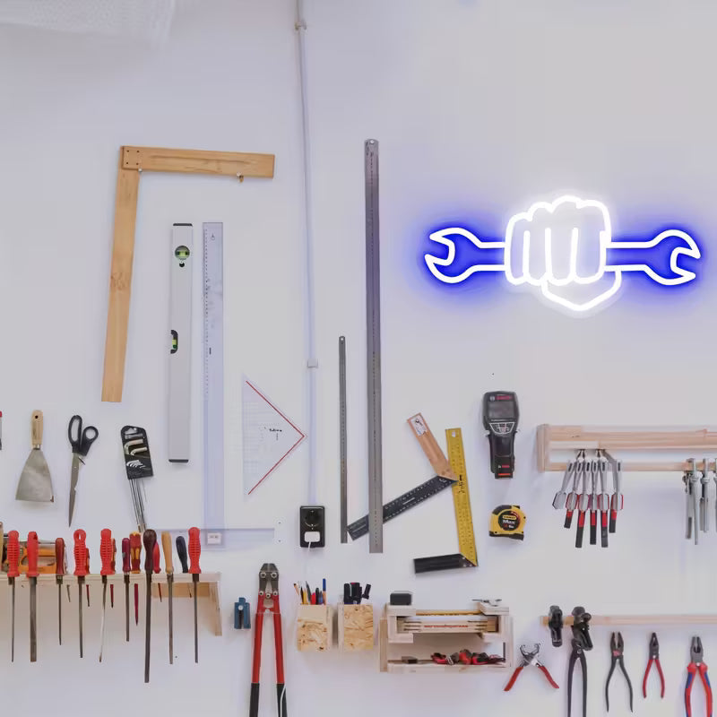 FUFIOR Neon Wrench Sign - Plastic Wall Hanging LED Night Light for Bedroom, Party, Hardware Store,