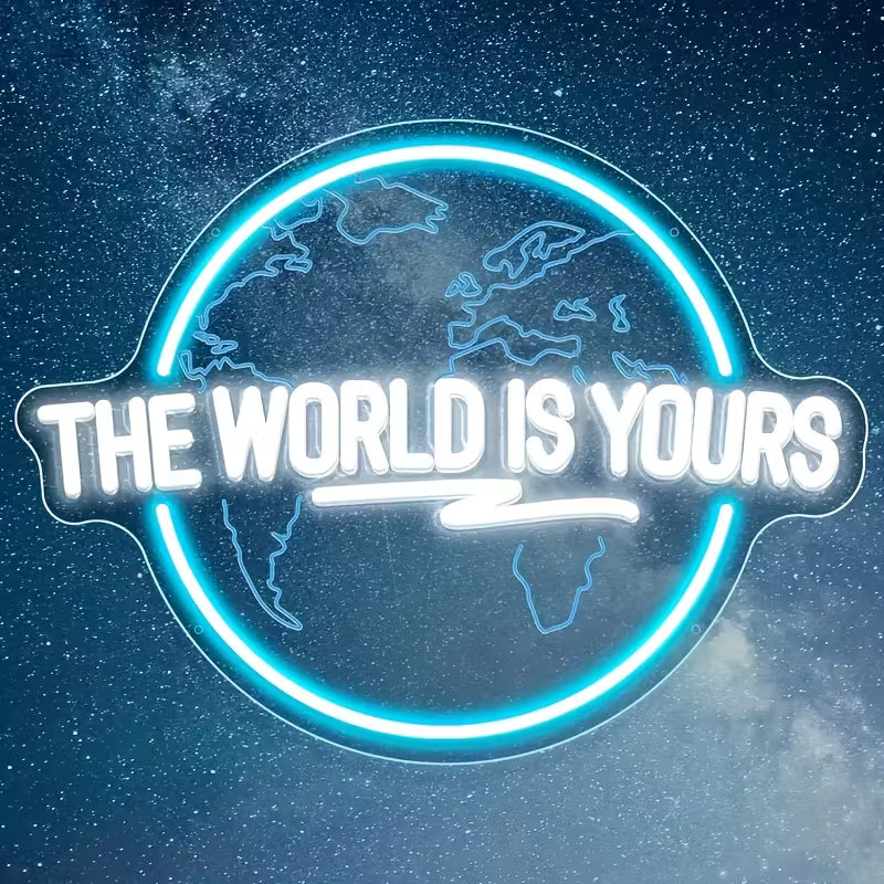 The World is Your Neon Decorative Sign, Engraved Planet The Word "World" Letter Lighting LED