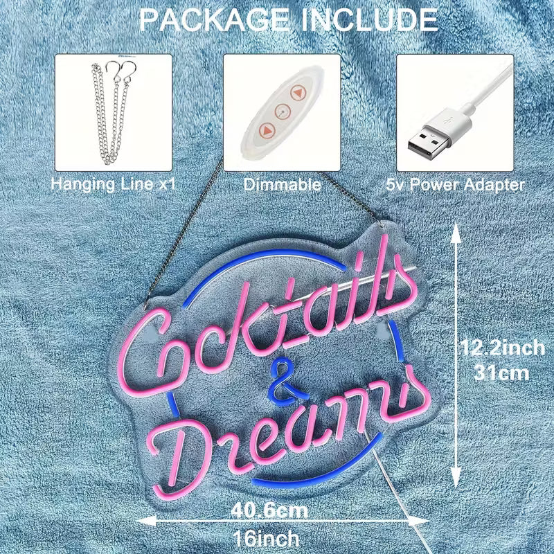 Dimmable LED Neon Sign "Cocktails & Dreams" - USB Powered Plastic Wall Hanging Light with Switch Control for Bedroom,