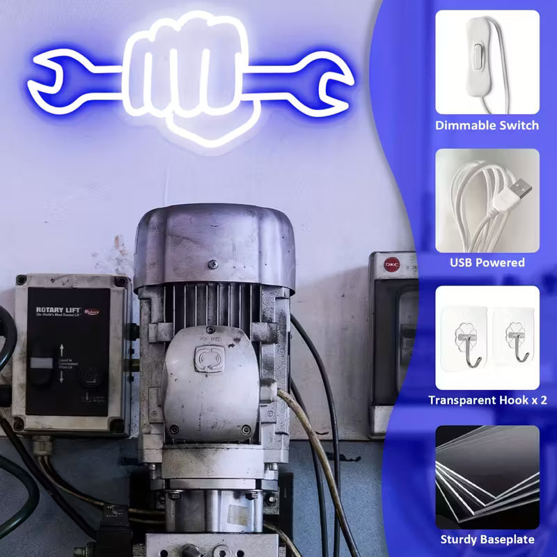FUFIOR Neon Wrench Sign - Plastic Wall Hanging LED Night Light for Bedroom, Party, Hardware Store,