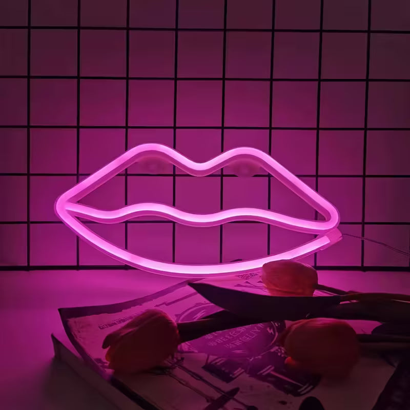 Pink Lip LED Neon Sign - USB or Battery Powered Romantic Art Deco Light for Room