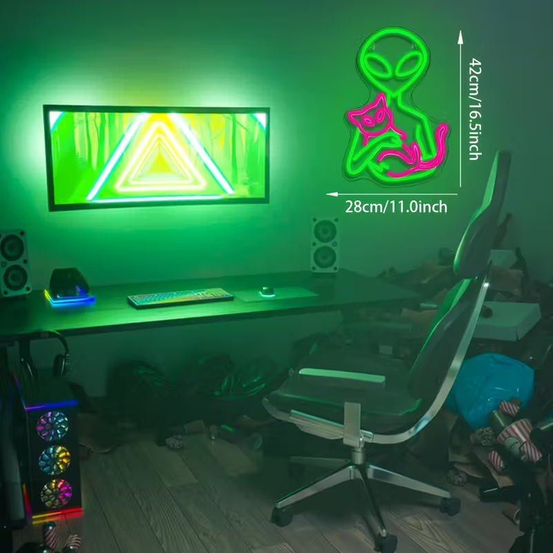 Alien Cat Neon Sign, USB Powered Multi-Color LED Wall Hanging Light with