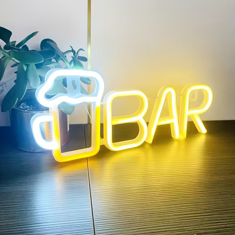 LED Neon "Bar" Sign with Beer Mug Design - 13.8x5.5in, USB or Battery Powered