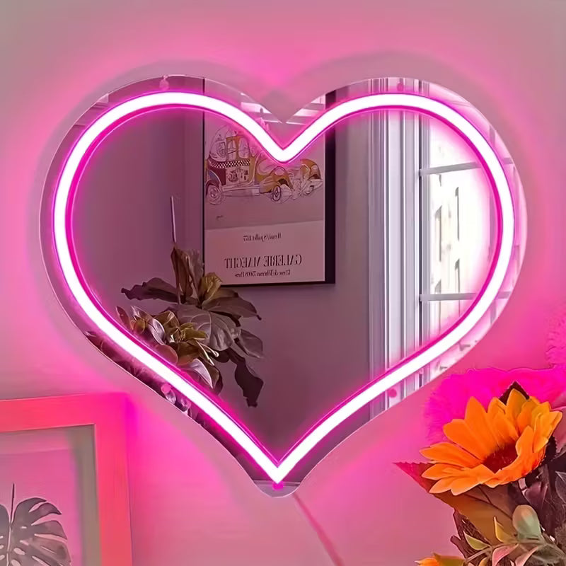 Pink Heart Neon Mirror: Wall-Mounted, USB-Powered, Plastic Material, Switch Control, Suitable for Various Uses