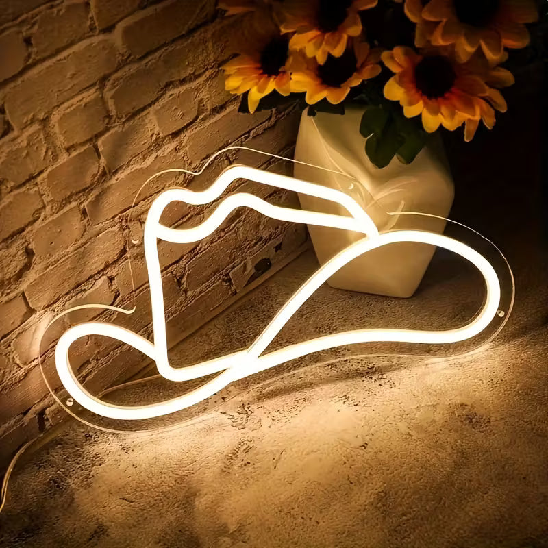 Cowboy Hat LED Neon Light, Pink, USB Powered, Push Button Control, Wall Hanging