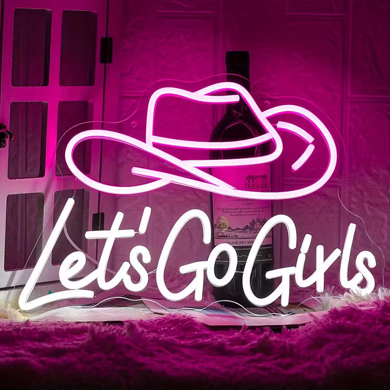 [Pink|Neon] Pink & White Dimmable LED Neon Sign "Let's Go Girls" Cowboy Hat | USB-Powered Wall Decor for Bars, Bedrooms, Living Rooms | Perfect for Christmas