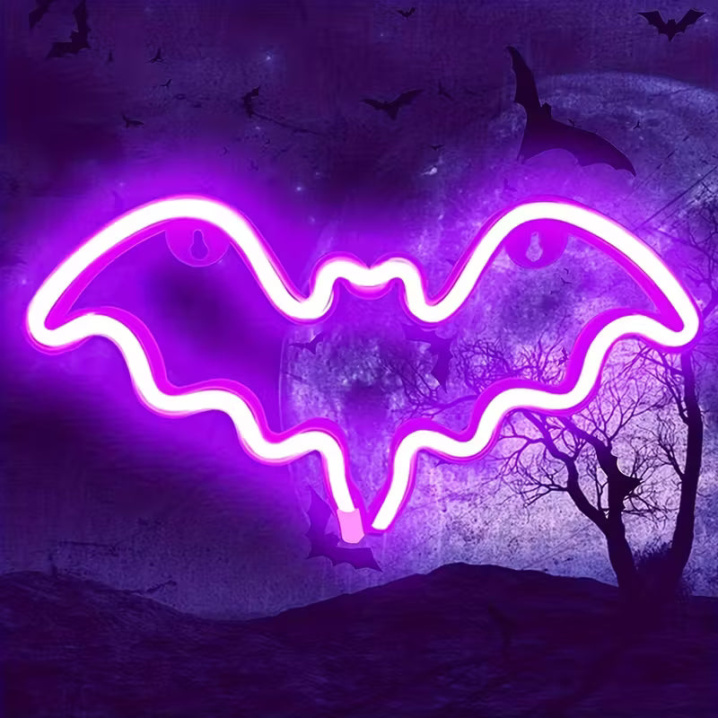 Purple Bat LED Neon Light - USB/Battery Powered Halloween Wall Decor for Home, Bar, Game Room