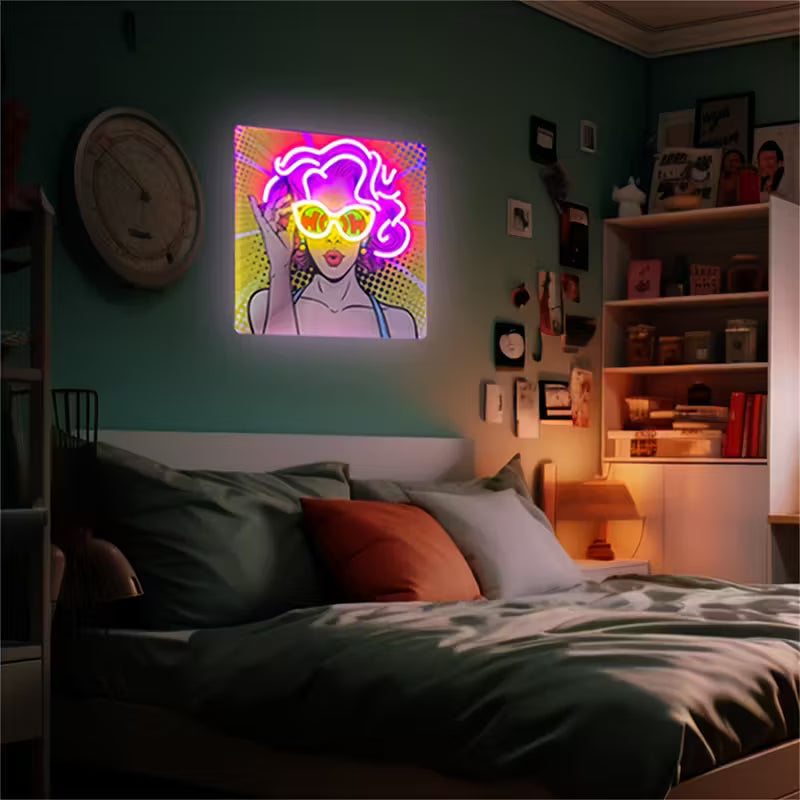 1pc Retro 80s Neon Sign - Glowing Pink & Purple Pop Art Wall Light with WOW Lips & Curly Hair Design - UV/LED Wall-Mounted Light for Bedroom, Bar,