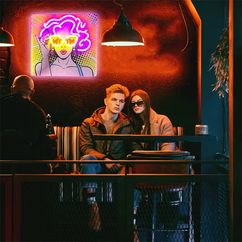 1pc Retro 80s Neon Sign - Glowing Pink & Purple Pop Art Wall Light with WOW Lips & Curly Hair Design - UV/LED Wall-Mounted Light for Bedroom, Bar,
