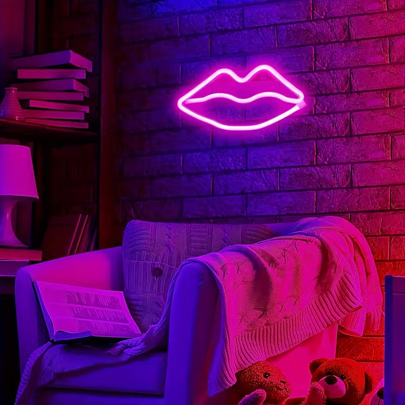 Pink Lip LED Neon Sign - USB or Battery Powered Romantic Art Deco Light for Room
