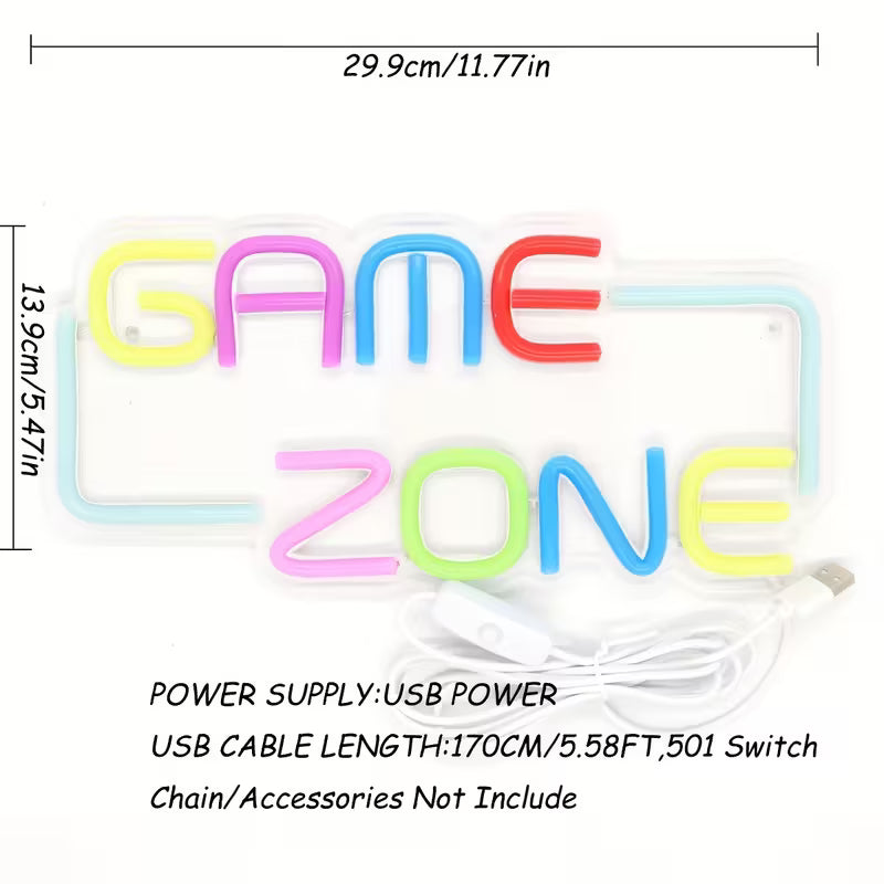 Game Zone LED Neon Sign - USB Powered, Wall Hanging, Single Color