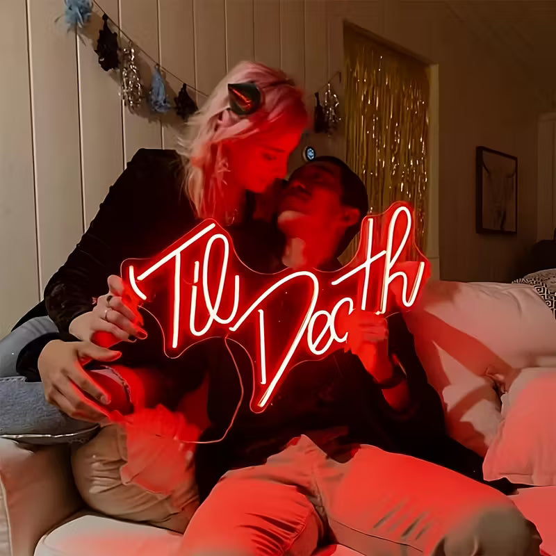 Til Death Neon Sign - USB-Powered Wall-Mounted LED Light with Red & White Text, Durable Vinyl Home Decor for Bedroom, Living Room