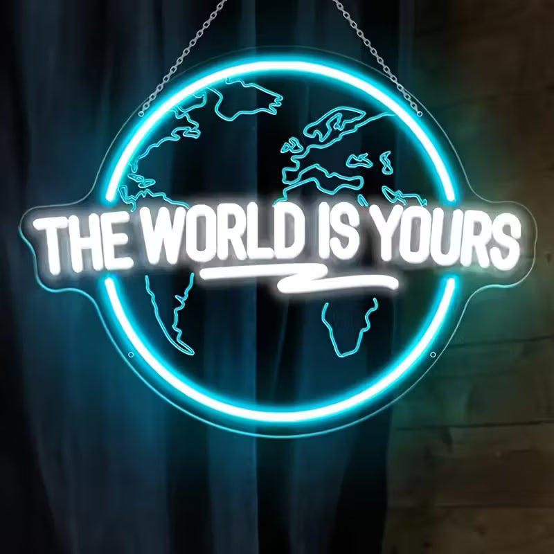The World is Your Neon Decorative Sign, Engraved Planet The Word "World" Letter Lighting LED