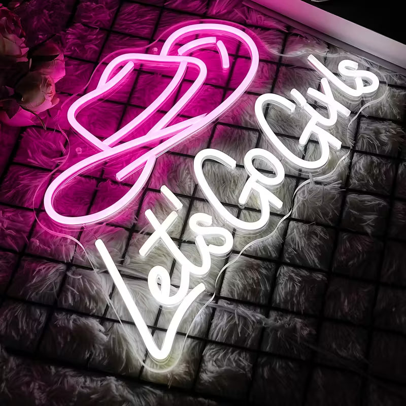 [Pink|Neon] Pink & White Dimmable LED Neon Sign "Let's Go Girls" Cowboy Hat | USB-Powered Wall Decor for Bars, Bedrooms, Living Rooms | Perfect for Christmas