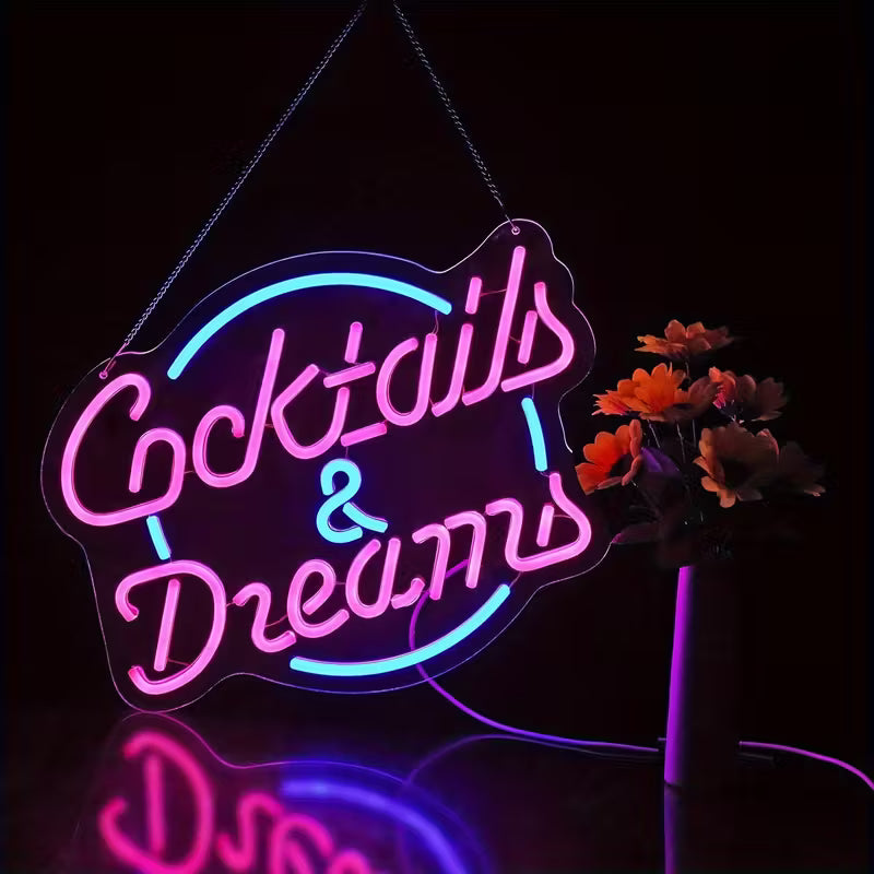 Dimmable LED Neon Sign "Cocktails & Dreams" - USB Powered Plastic Wall Hanging Light with Switch Control for Bedroom,