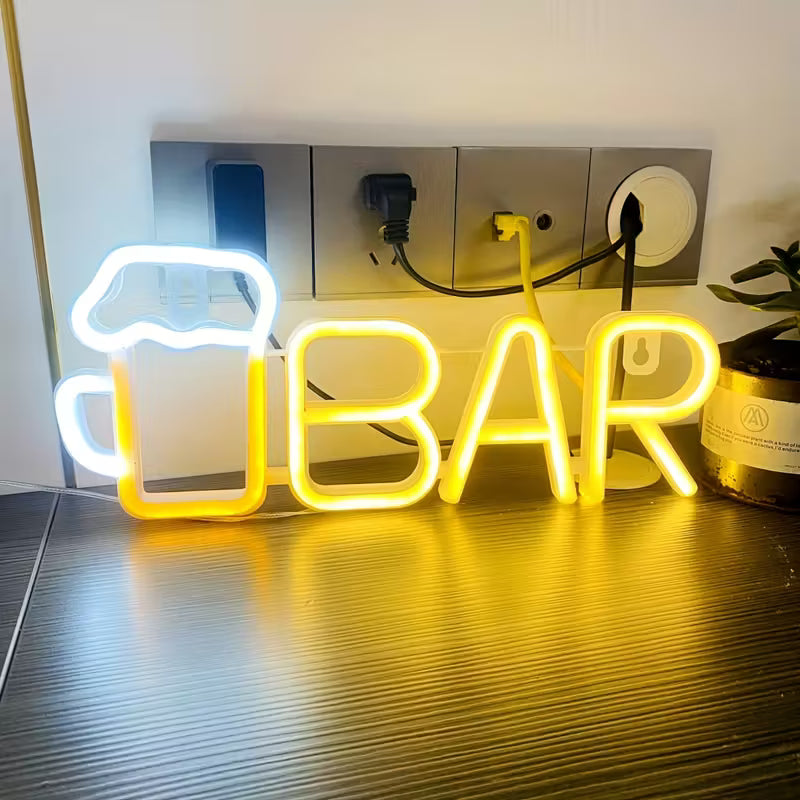 LED Neon "Bar" Sign with Beer Mug Design - 13.8x5.5in, USB or Battery Powered