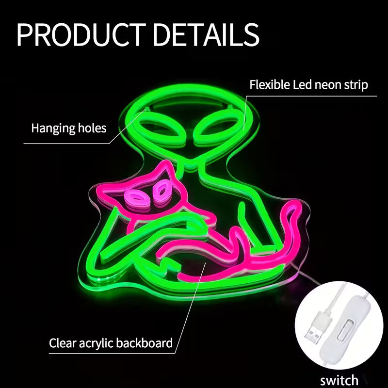 Alien Cat Neon Sign, USB Powered Multi-Color LED Wall Hanging Light with