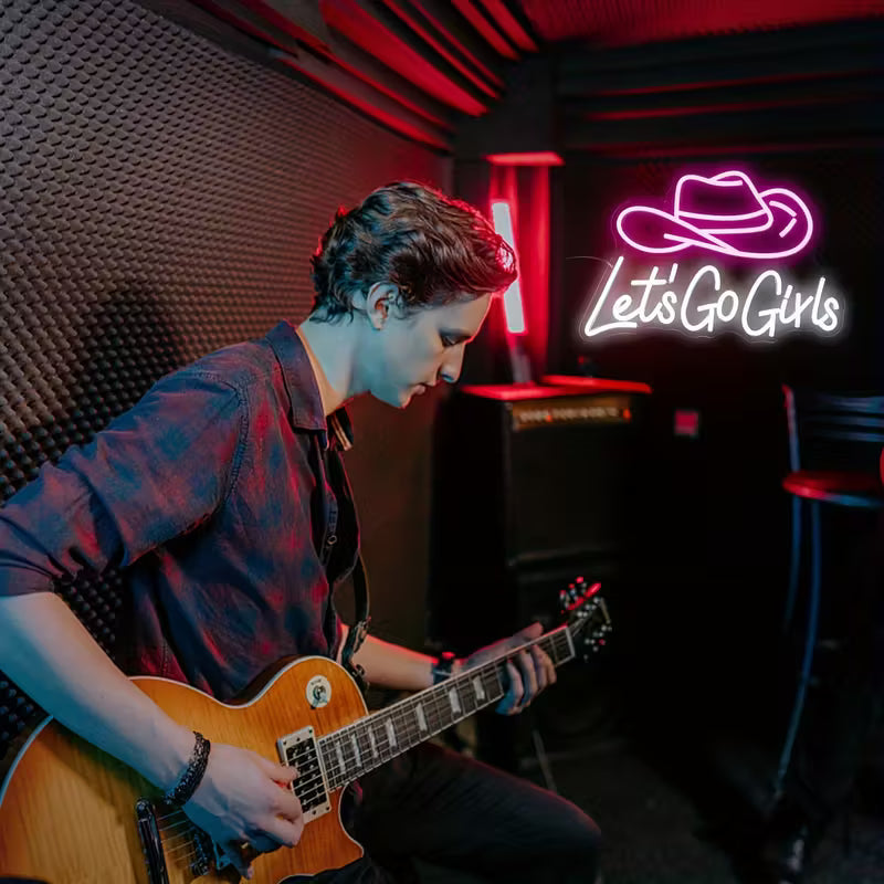[Pink|Neon] Pink & White Dimmable LED Neon Sign "Let's Go Girls" Cowboy Hat | USB-Powered Wall Decor for Bars, Bedrooms, Living Rooms | Perfect for Christmas